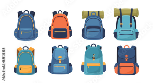 Diverse collection of colorful travel and school backpacks displayed in two rows against a plain white background for retail display.