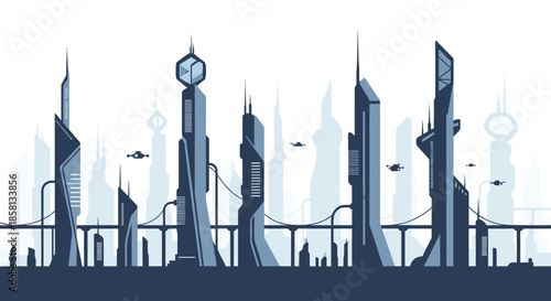 Monochromatic blue pixel art style futuristic city skyline featuring tall skyscrapers flying vehicles and high tech urban architecture.