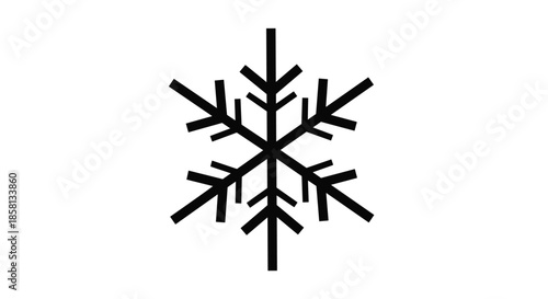 Simple black snowflake silhouette design isolated on a white background for winter weather icons or seasonal decorative elements.