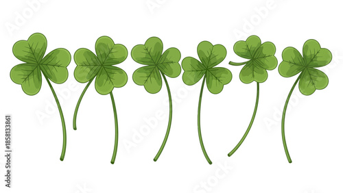 A row of six vibrant green clover leaves with delicate stems, isolated on a white background.