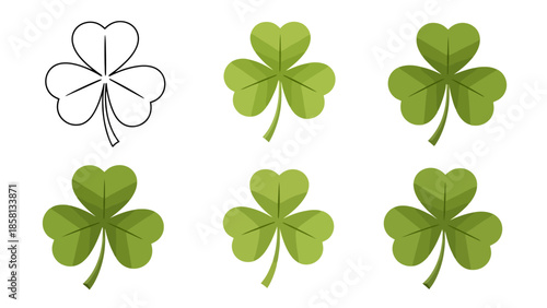 A set of six shamrocks, with one outlined and five filled in green, representing St. Patrick's Day.