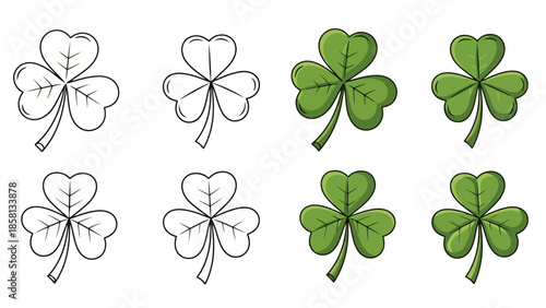 A collection of four leaf clovers, two in outline and two in full color, presented in a two-by-two grid.