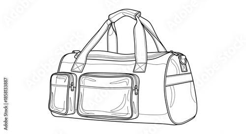 Detailed line art illustration of a cylindrical sports duffel bag with front pockets and handles for fitness and travel themed designs.