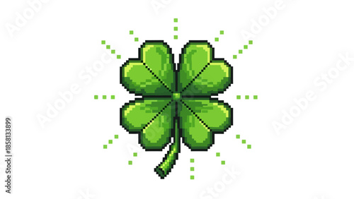 A pixel art illustration of a vibrant green four-leaf clover with radiating green sparkles.