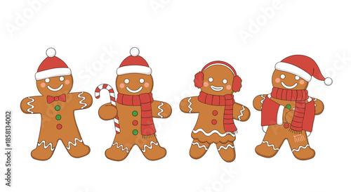 Set of four cute gingerbread men and women dressed in festive holiday outfits including Santa hats, scarves, and earmuffs on a white base.