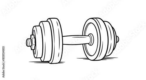 Simple black and white line art illustration of a heavy dumbbell weight used for strength training and bodybuilding exercises in a gym.