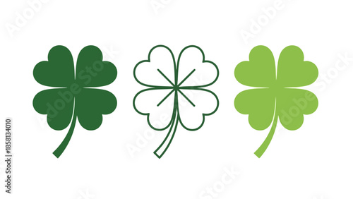 Three stylized green four-leaf clovers, representing luck and St. Patrick's Day, presented in a clean graphic design.