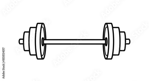 Simple black line drawing of a heavy barbell with weight plates on each side used for weightlifting and bodybuilding training.