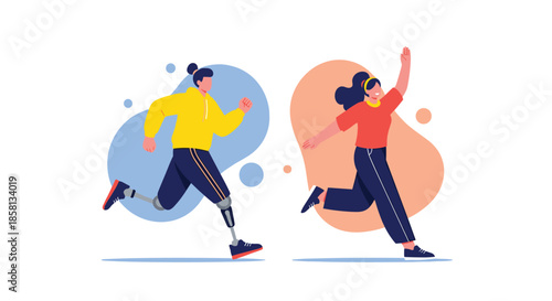 Inspiring illustration of a man and a woman with prosthetic legs running energetically against a colorful abstract background.