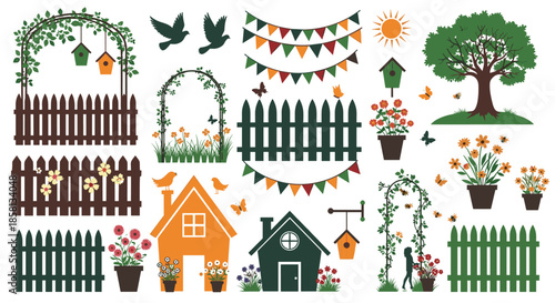 Large set of garden icons featuring fences, flowers, houses, trees, birds, and butterflies for outdoor and landscaping themed designs.
