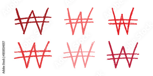 Set of hand drawn won currency symbol. Brush stroke doodle. Single element for design