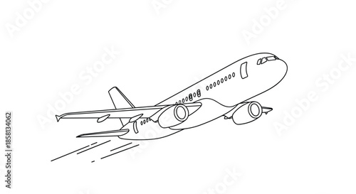 Simple black and white line art drawing of a commercial passenger airplane taking off with motion lines indicating flight direction.