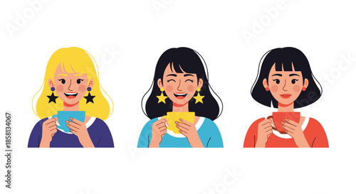 Three beautiful women with different hair colors and styles happily drinking coffee or tea while smiling at the viewer over a white background.