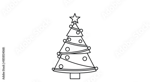 Simple black line art illustration of a decorated Christmas tree with a star on top and circular ornaments on its branches for holiday crafts.