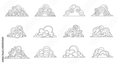 Collection of twelve stylized black and white cloud icons featuring various swirling and fluffy patterns for weather and sky designs.