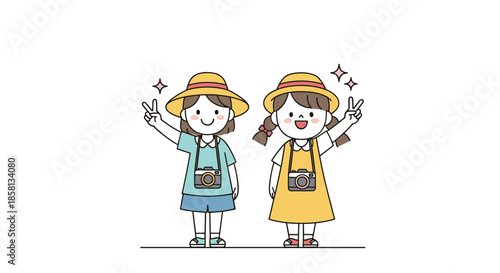 Two cute little girls wearing sun hats and holding cameras while posing with peace signs against a plain white background for travel themes.