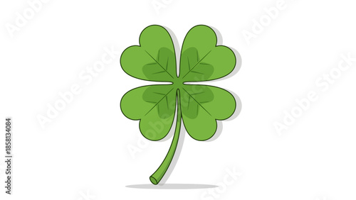 A vibrant green four-leaf clover casting a subtle shadow on a clean white background, symbolizing good luck and nature's beauty.