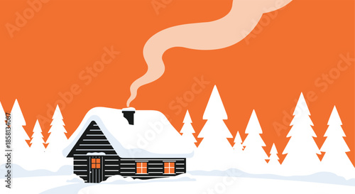 Cozy black cabin covered in heavy white snow standing in a dense winter forest under a bright orange sunset sky with rising smoke.