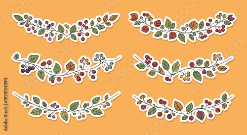 Set of six colorful autumn-themed wreaths and borders featuring various leaves and berries for seasonal decorations and card designs.
