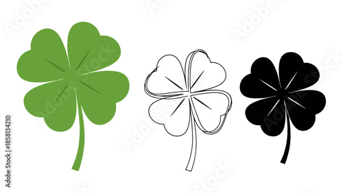 Three stylized illustrations of a four-leaf clover, one in green, one as a line drawing, and one in black silhouette.