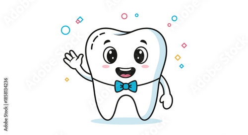 Cute and happy cartoon tooth character with a blue bow tie, waving its hand cheerfully against a background of colorful sparkles.