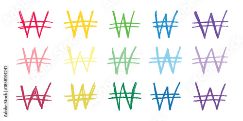 Set of hand drawn won currency symbol. Brush stroke doodle. Single element for design