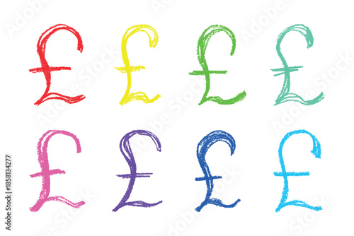 Set of hand drawn british pound currency symbol. Brush stroke doodle. Single element for design