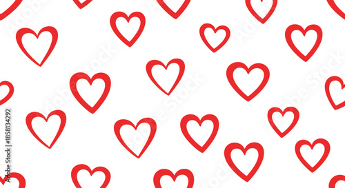 Seamless pattern of hand-drawn red heart outlines of various sizes scattered randomly on a clean white background for romantic themes.