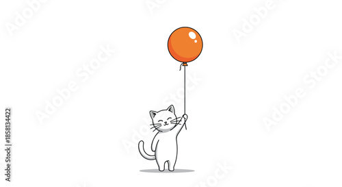 Cute and simple cartoon of a happy white cat standing on its hind legs while holding the string of a bright orange balloon.