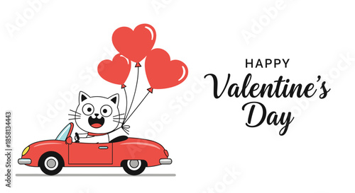 Happy Valentine's Day greeting card banner featuring a cute cartoon white cat driving a red convertible car with heart-shaped balloons.