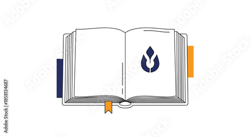 Line art illustration of an open book with a corporate logo on one page and colorful bookmarks, symbolizing knowledge and branding.