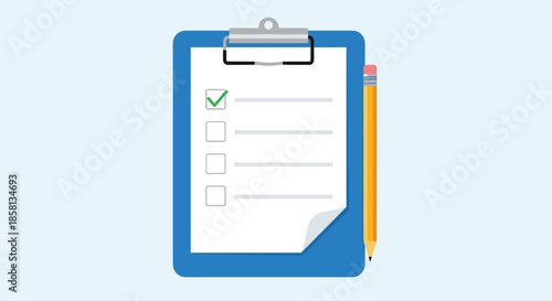 Flat design illustration of a blue clipboard with a checklist, a completed checkbox, and a yellow pencil, representing tasks and planning.