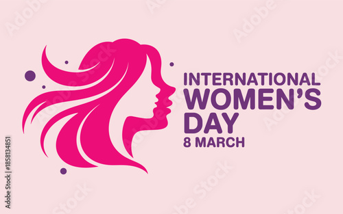 Pink silhouette of a woman with flowing hair and International Womens Day text