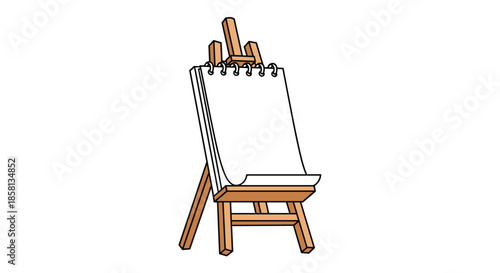 Simple cartoon illustration of a wooden artist's easel holding a blank spiral-bound notepad, ready for drawing, painting, or presentation.