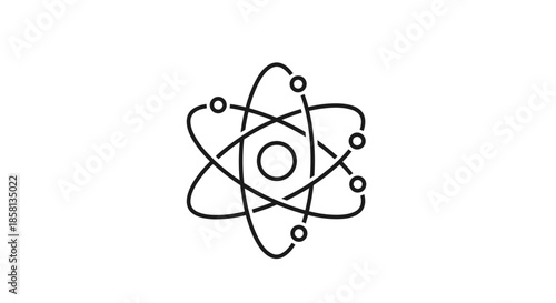 Simple black and white line art icon of an atom with a nucleus and orbiting electrons, symbolizing science, physics, and nuclear energy.