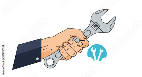 Illustration of a hand in a business suit holding a large adjustable wrench, symbolizing repair, service, and technical support.