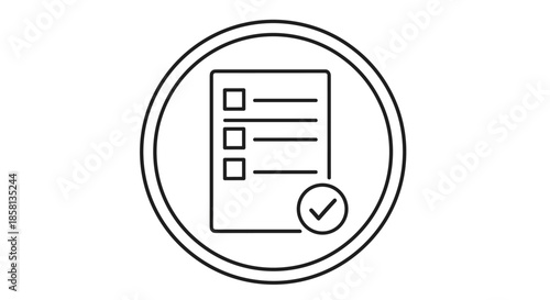 Black and white line art icon of a checklist or to-do list with a checkmark, enclosed within a circle, representing completion and tasks.