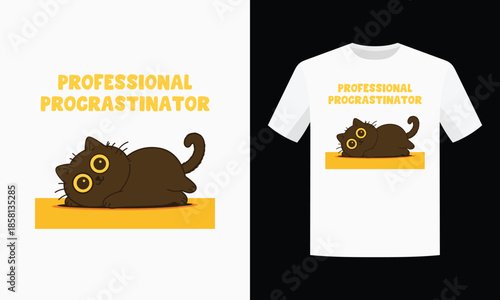Lazy Cat T-Shirt Design with Cute Black Kitty and Funny Quote “Professional Procrastinator” | Minimalist Vector Graphic for Nap Queens and Deadline Dodgers
