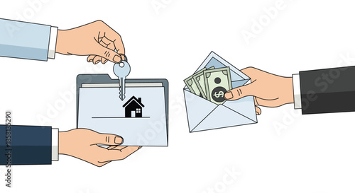 Illustration of a real estate transaction showing hands exchanging a house key and folder for an envelope full of cash money.