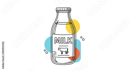 Line art illustration of a classic glass milk bottle with a label, set against a background of colorful abstract circular shapes.