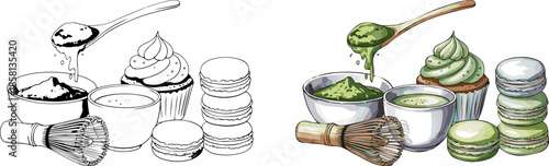 Big set of matcha green tea, food and accessories. Set of matcha powder, wooden spoon and whisk, green tea and latter cup, cupcake, macaroni, sketch vector illustration on white background.  