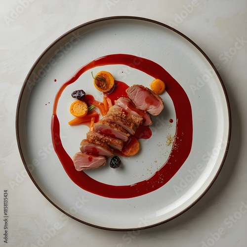 Elegant Fine Dining Duck Breast With Roasted Carrots And Berry Sauce On Minimal Ceramic Plate