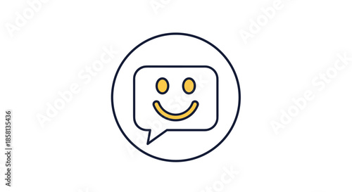 Simple line art icon of a smiling face inside a speech bubble, enclosed in a circle, representing happy chat, positive feedback, or good communication.