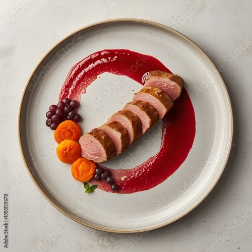 Elegant Fine Dining Duck Breast With Roasted Carrots And Berry Sauce On Minimal Ceramic Plate