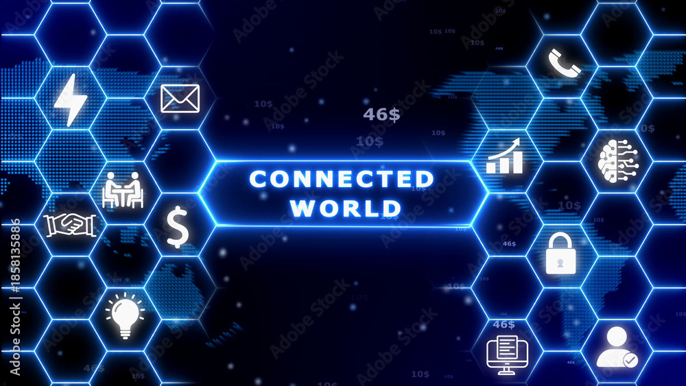 Fototapeta premium Connected concept illustrated by a digital hexagonal network with global and a map in a futuristic blue glow Keywords: connected, global, network, technology, communication, digital, internet