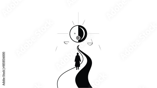 Person walks a winding path towards a symbolic sun and moon representing balance and destiny.