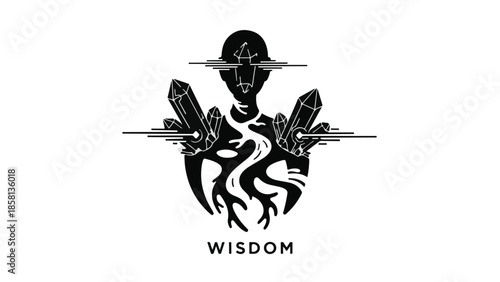 Mystical roots and crystals symbolize growth and inner wisdom, evoking spiritual connection.