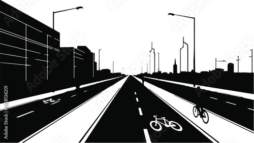 Cycling lanes stretch towards a modern cityscape under bright streetlights.