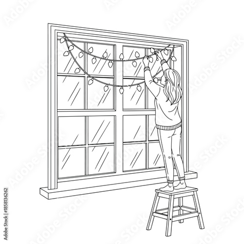 Christmas Coloring Page with Girl Standing on Stepladder Decorating Window with Lights