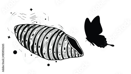 Emerging butterfly from chrysalis, symbol of transformation and new beginnings